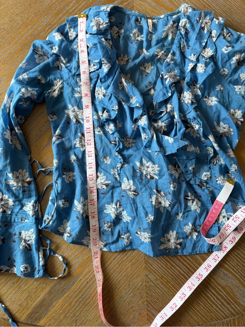 Free People Amanda Ruffle Wrap Blouse Blue Floral Boho Size Small